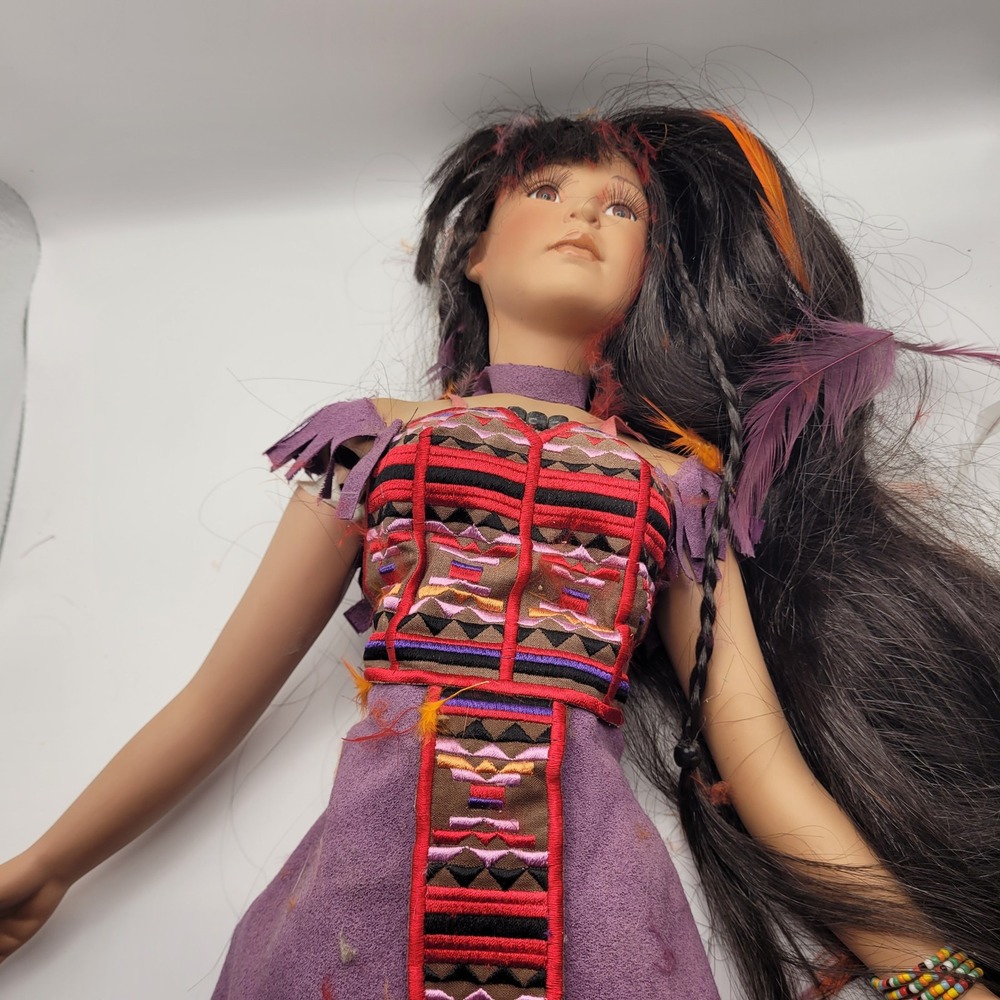 Vintage Porcelain Native American Style Collector Doll Purple Fringed Dress 24in